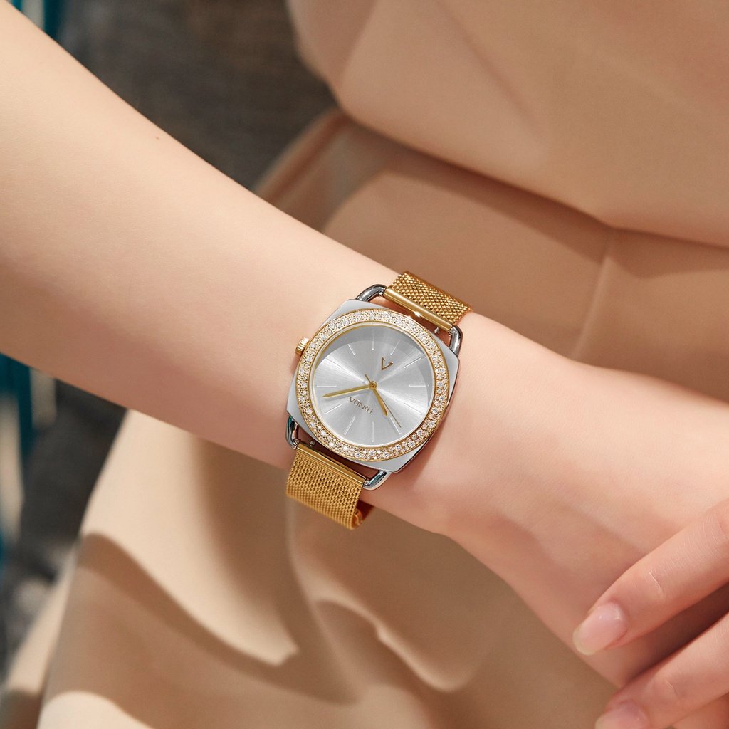 TRNDA Women's Stainless Steel Gold Mesh Watch, Silver Dial | TRNDA-35.8-1