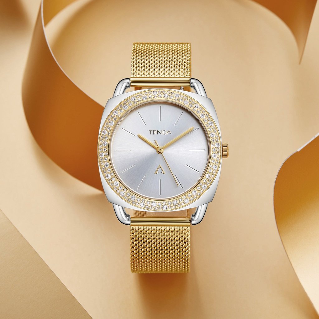 TRNDA Women's Stainless Steel Gold Mesh Watch, Silver Dial | TRNDA-35.8-4